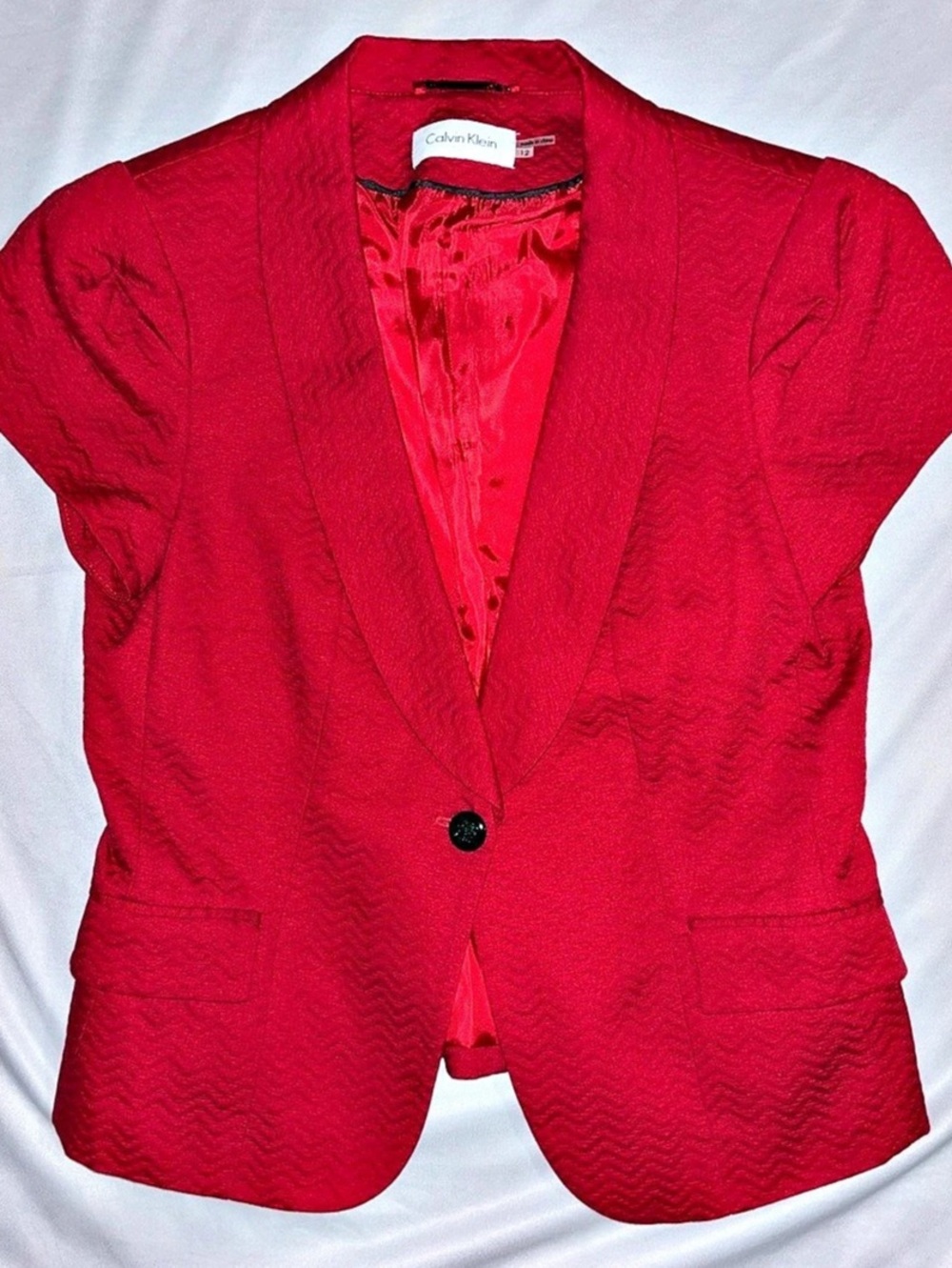 Calvin Klein Women’s Short-Sleeve Shawl Lapel Textured Blazer- Red - 12